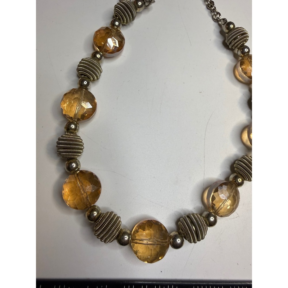 Amber Beaded Necklace Silver Tone Textured Metal Spacers Chunky Statement Piece